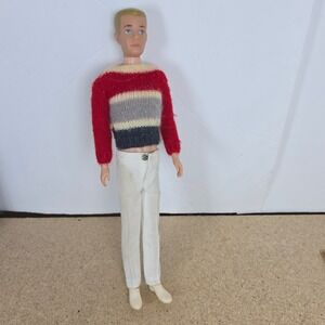 Vintage 1960 Mattel Ken Doll Molded Blonde Hair Striped Sweater White Pants Shoe